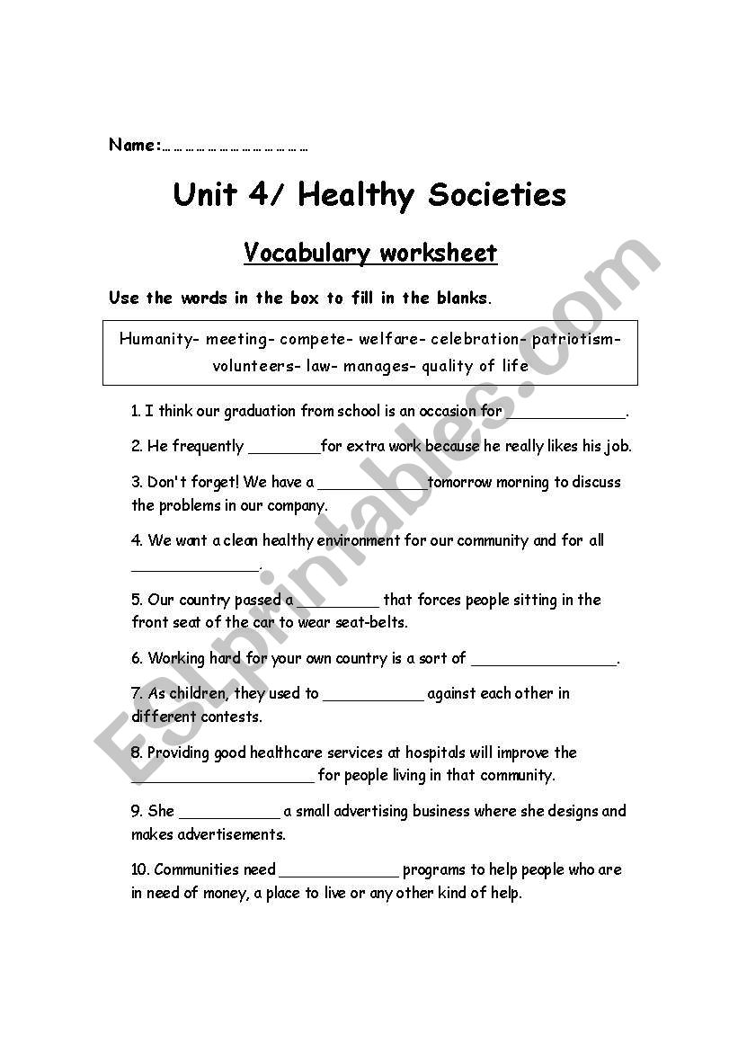 Healthy Society worksheet
