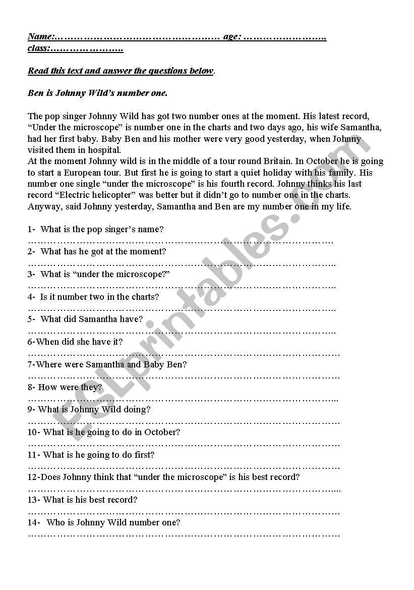 Johnny wilds number one worksheet