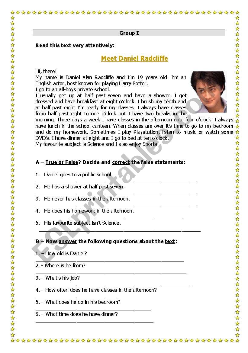 Meet Daniel Radcliffe worksheet