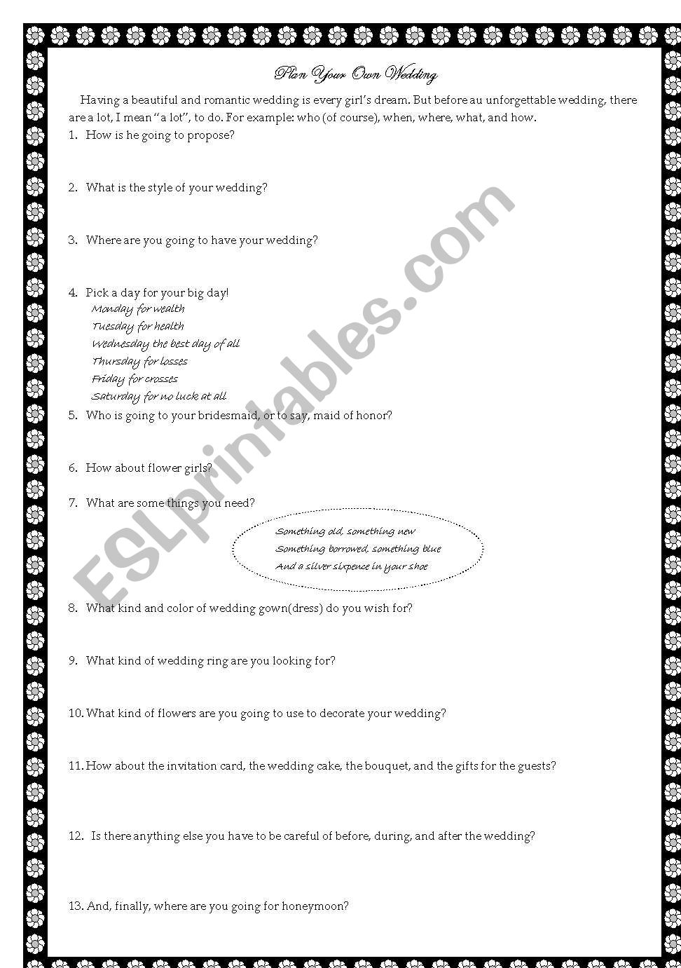 Plan your wedding worksheet