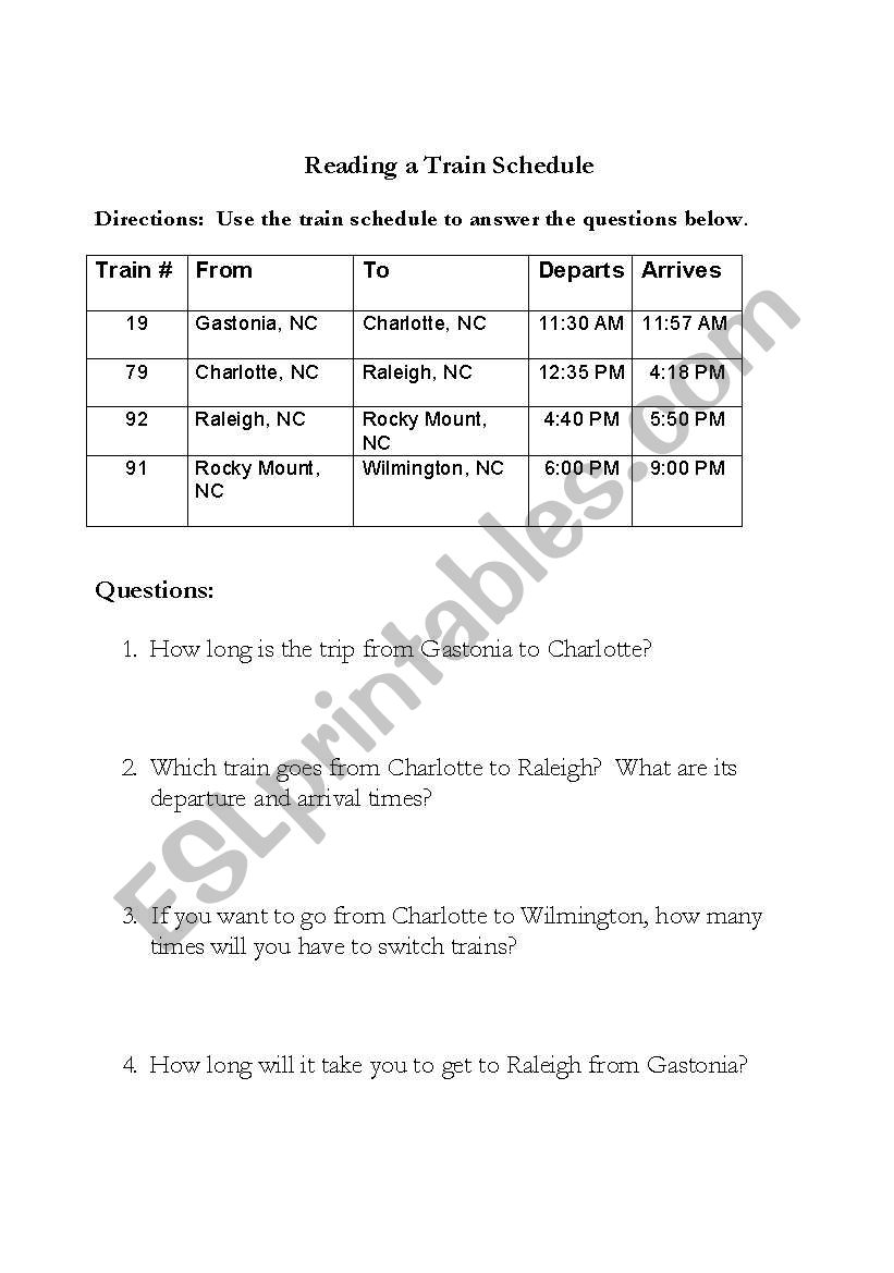 Train Schedule question sheet worksheet