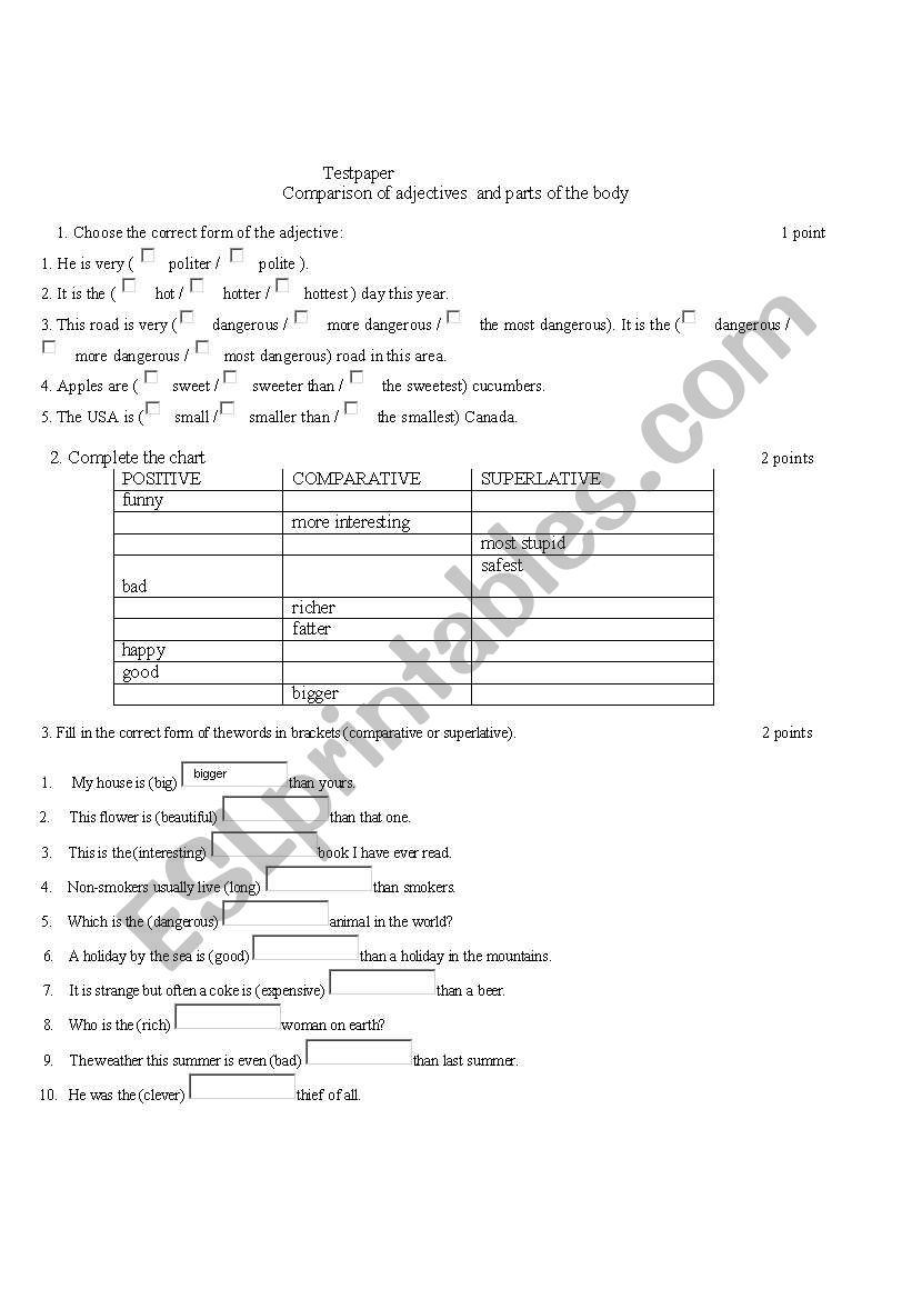 comparison of adjectives and parts of the body