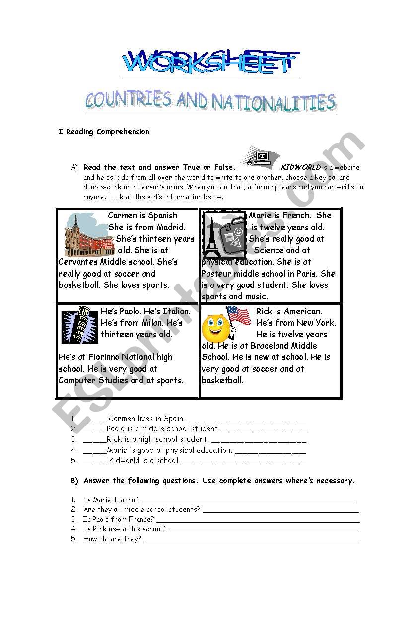 COUNTRIES AND NATIONALITIES WORKSHEET