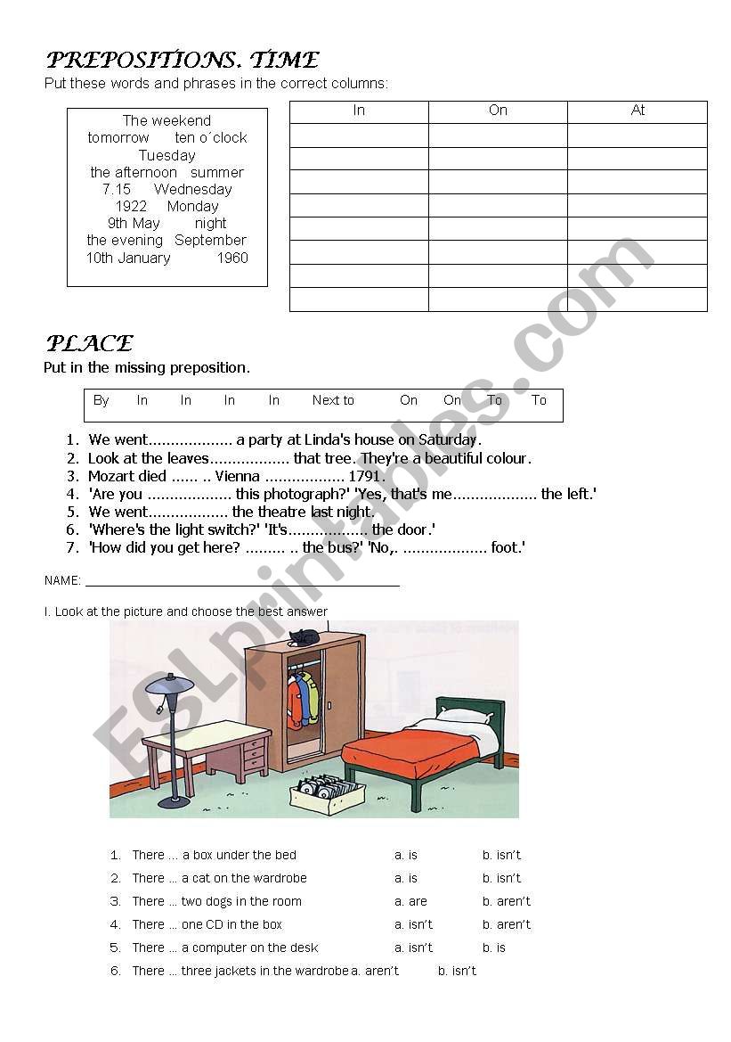 Time and place prepositions worksheet