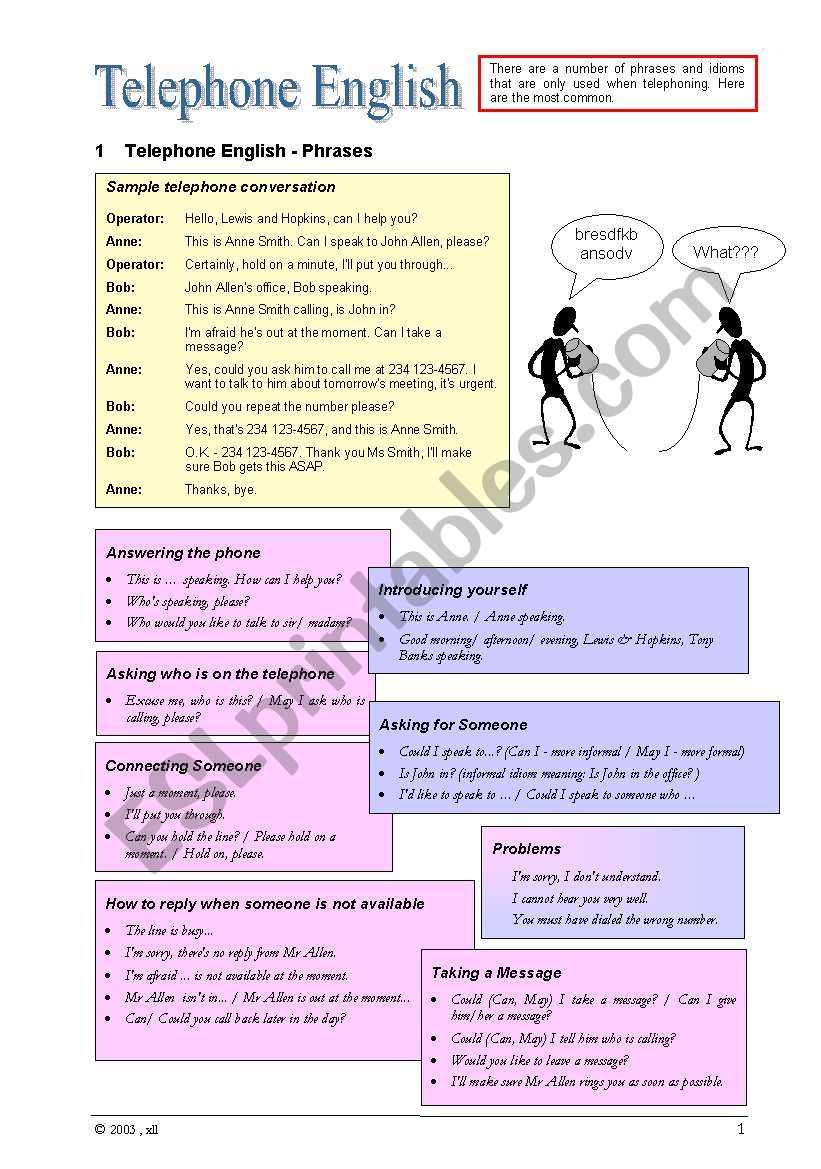 On the phone ... worksheet