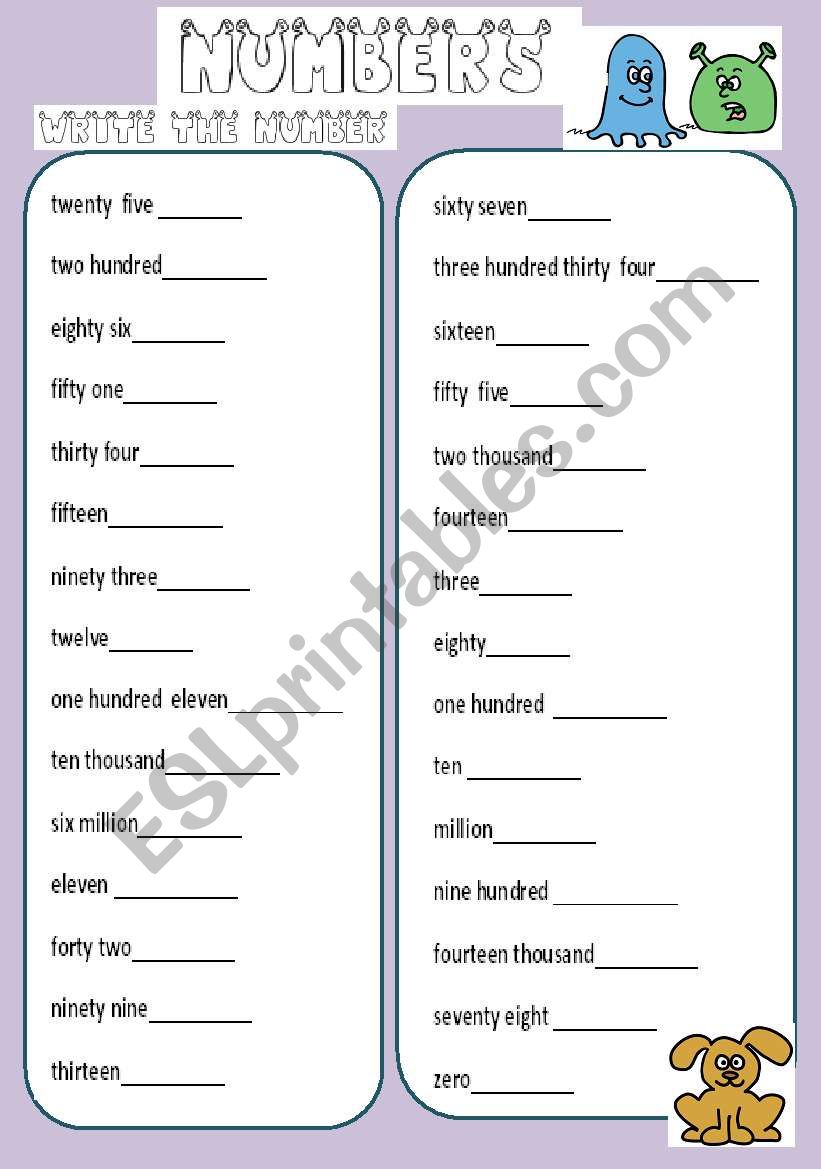 numbers worksheet