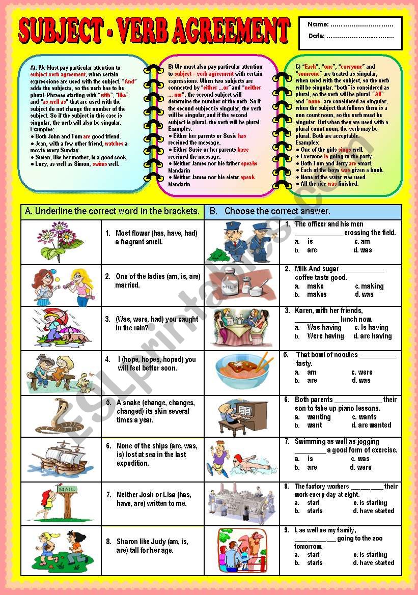 Subject Verb Agreement Worksheet Choosing Part 1 Answers