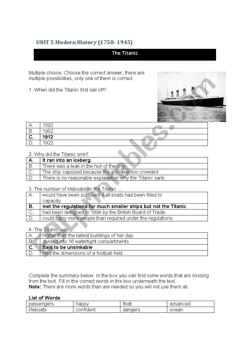 The Titanic worksheet