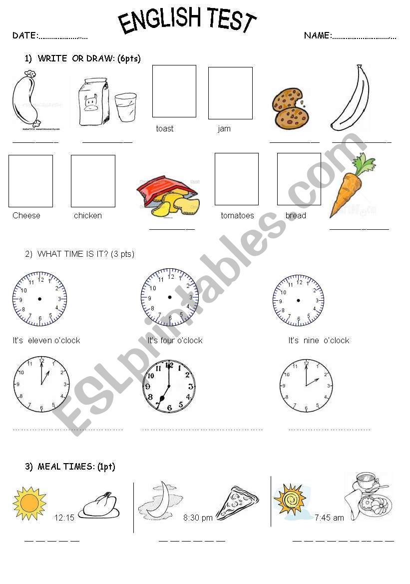 easy test food time oclock meal times esl worksheet by marianmanu