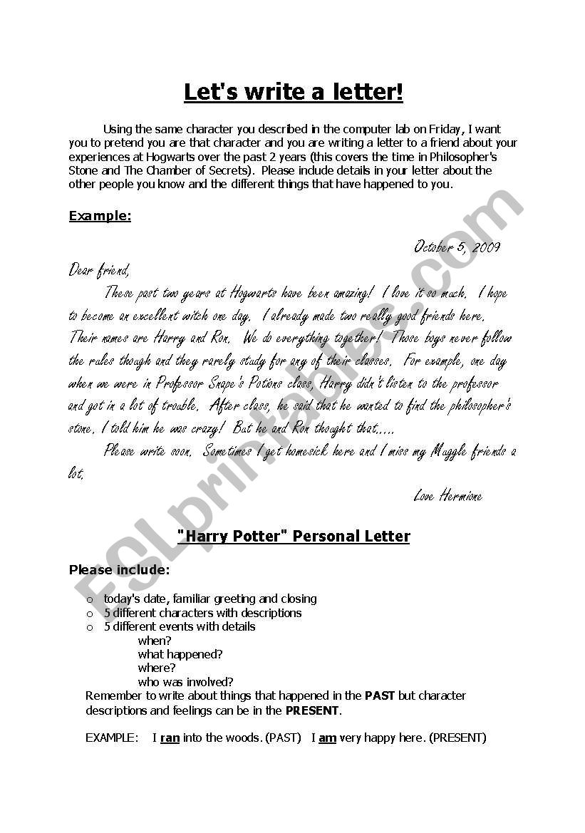 Harry Potter Character Letter worksheet