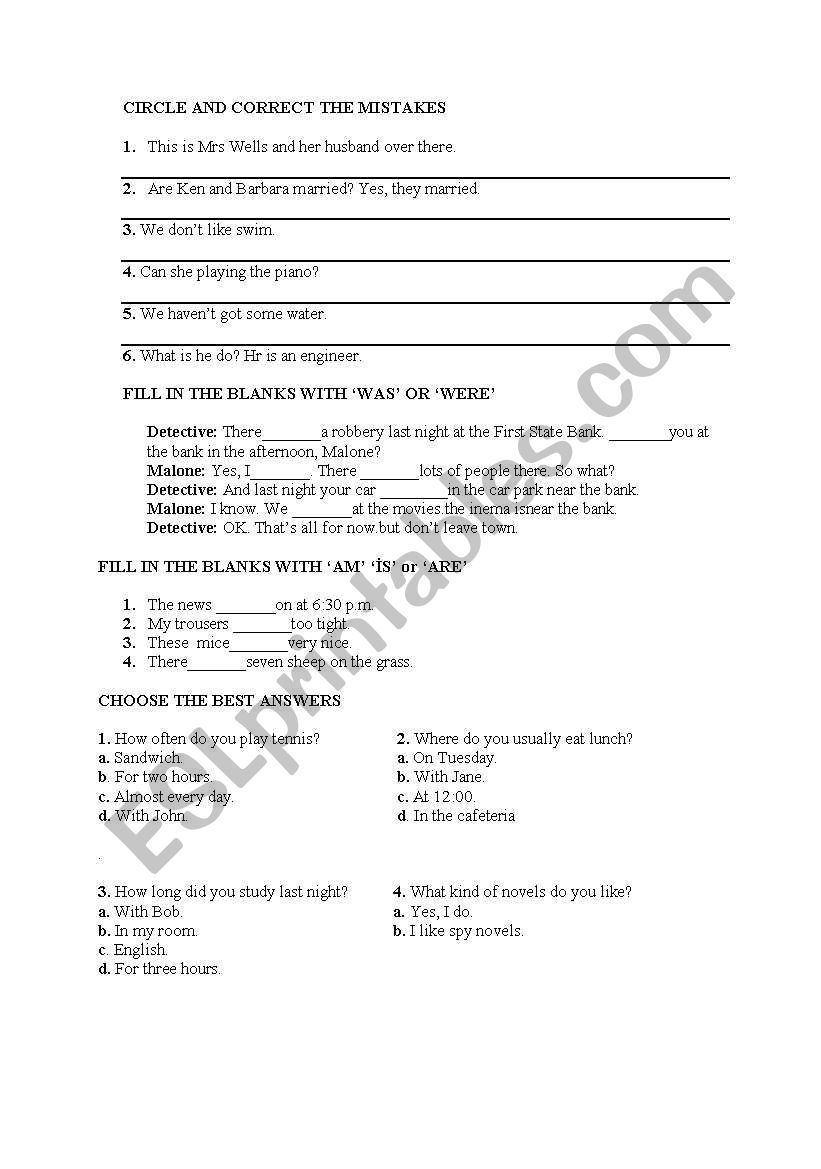 exam worksheet