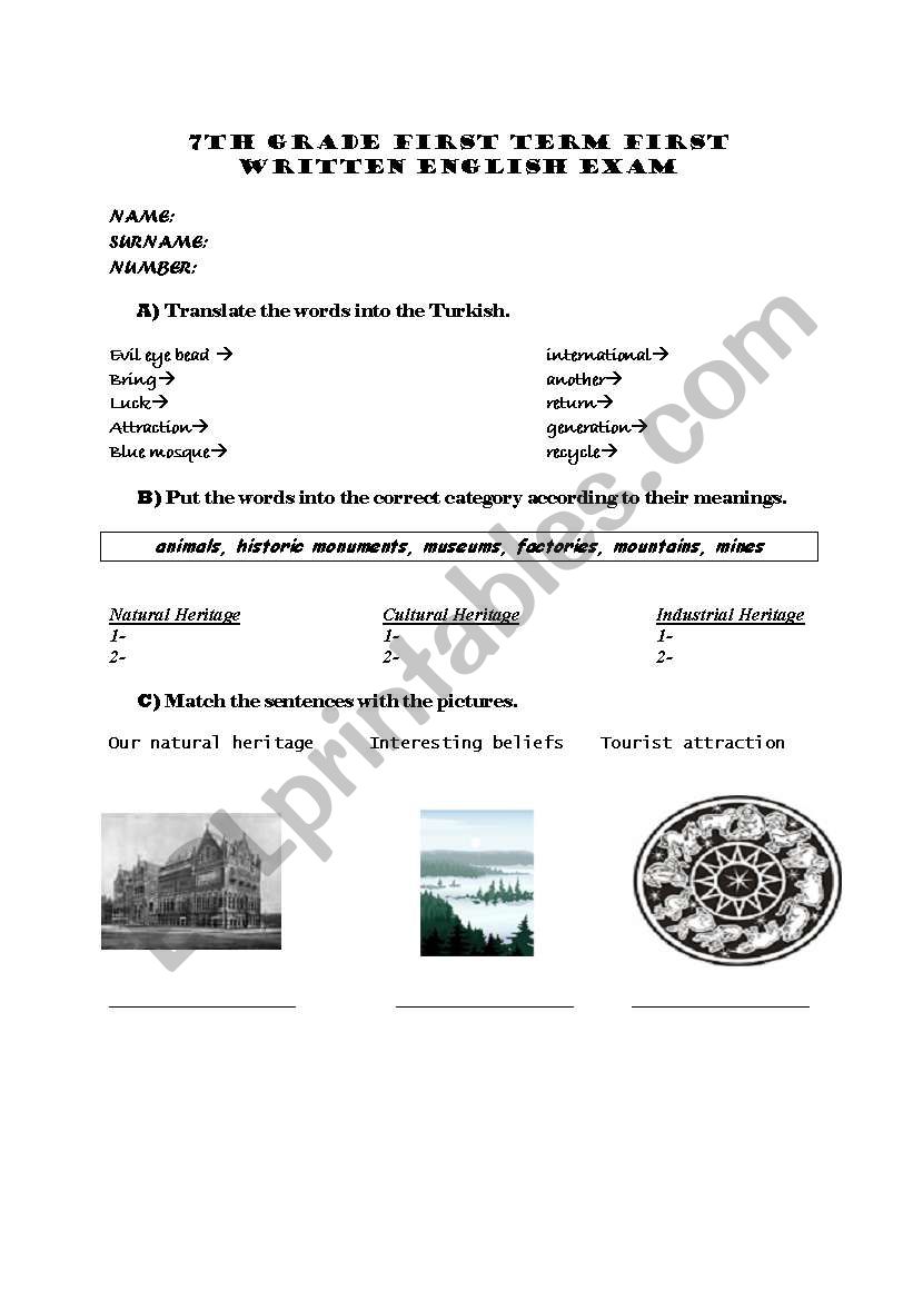7th grade exam paper worksheet
