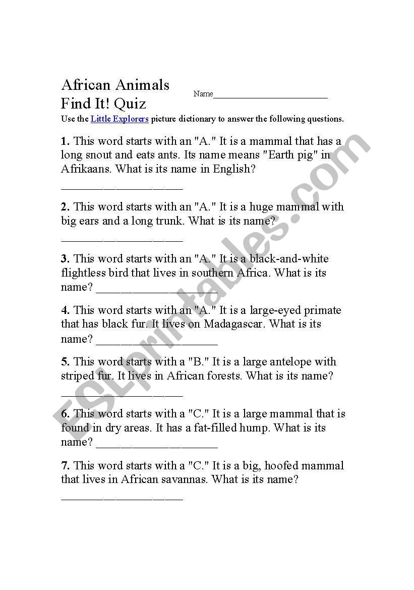 African Animals Find It! Quiz worksheet