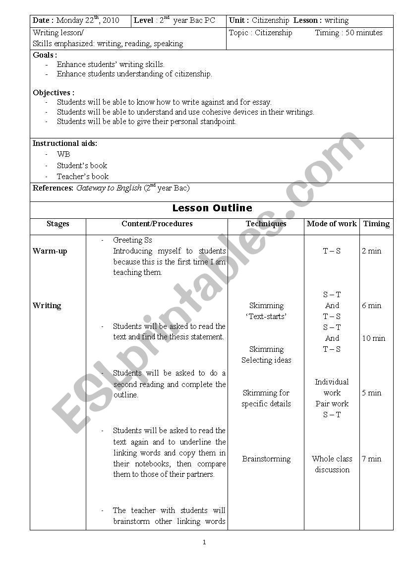 teaching an argumentative essay (process writing)