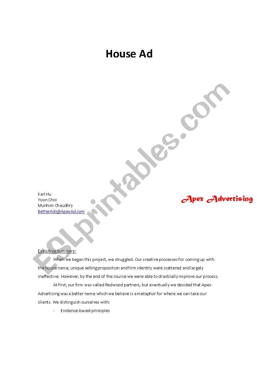 House AD worksheet