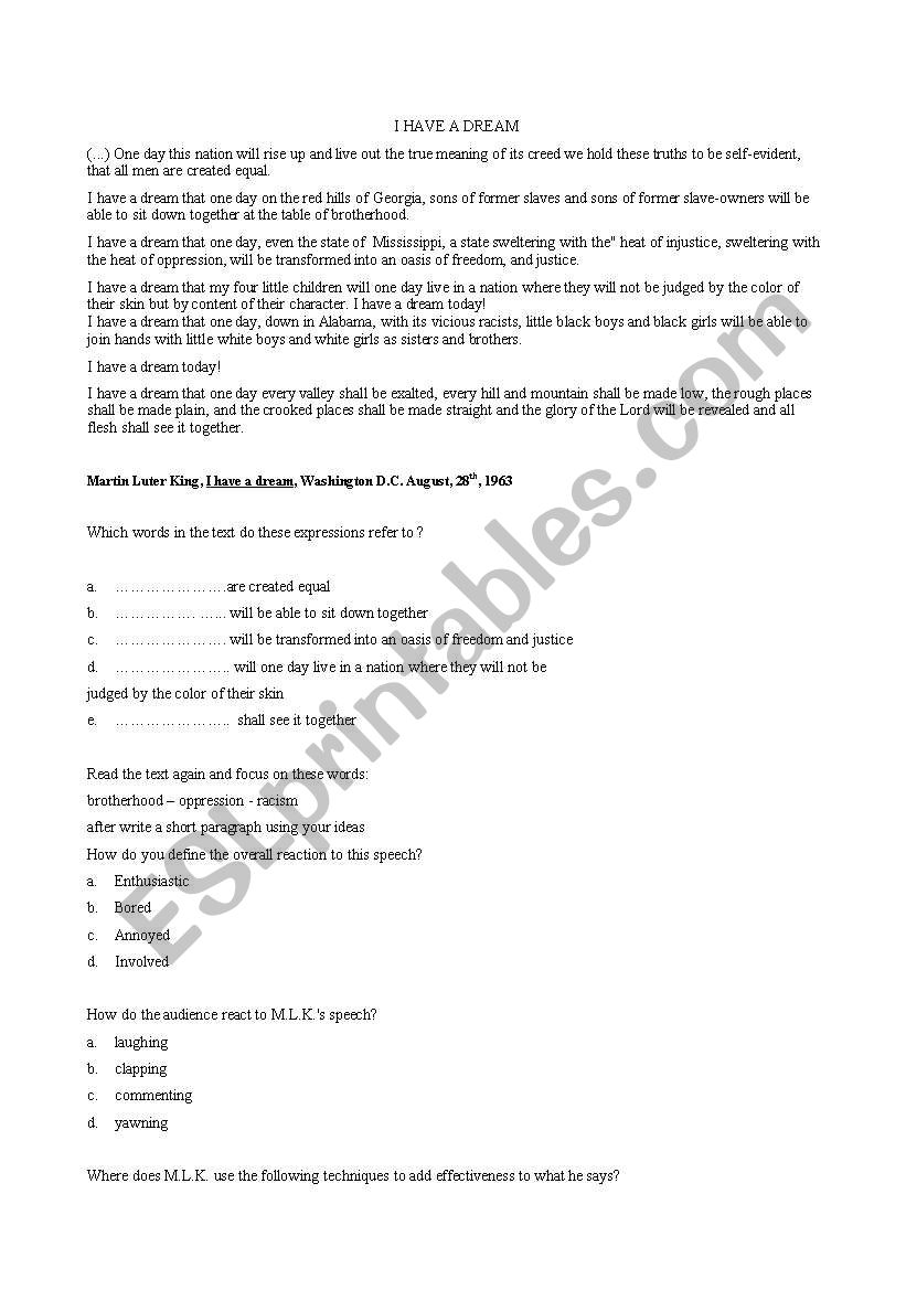 MARTIN LUTHER KING worksheet