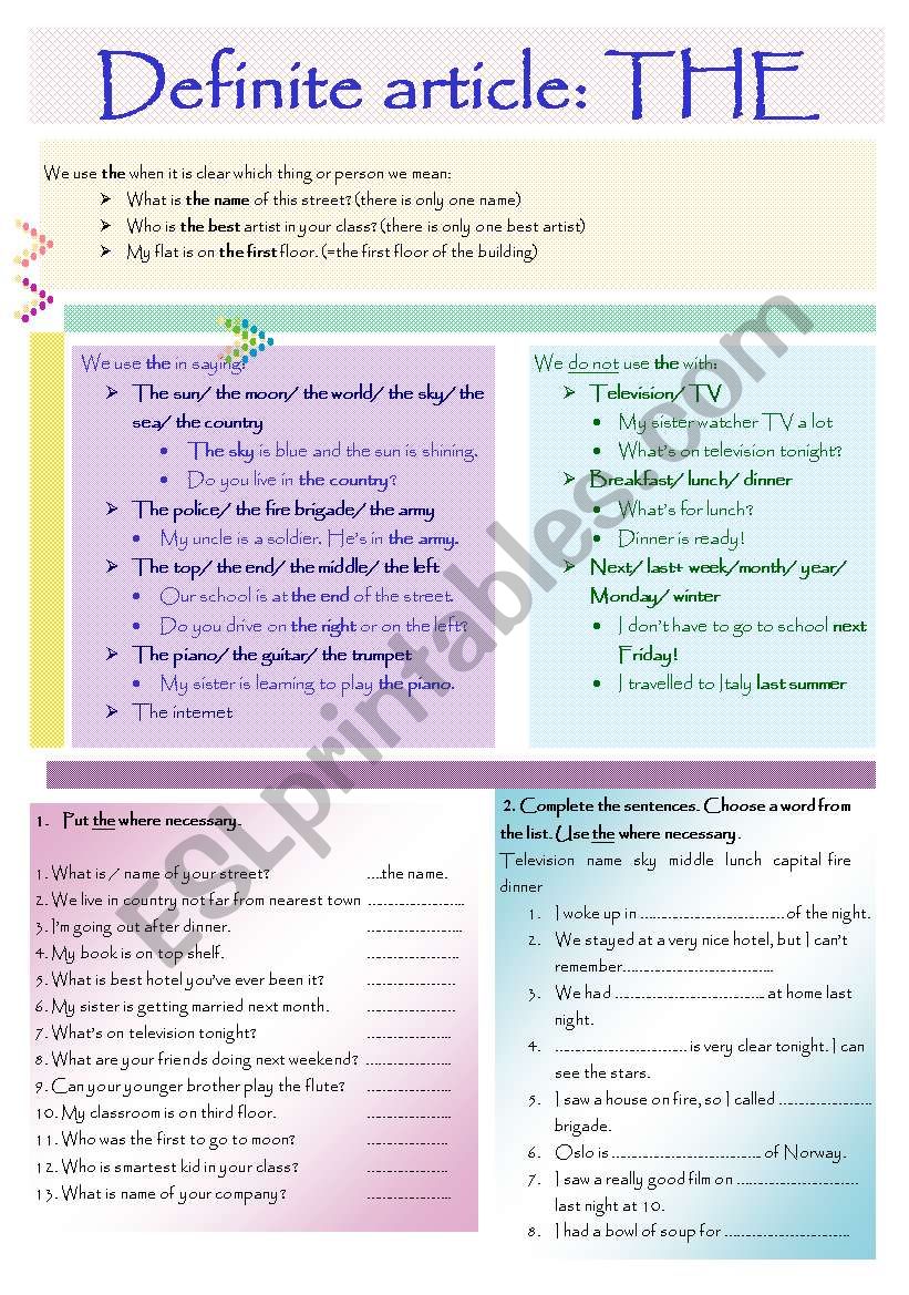 Definite article THE worksheet