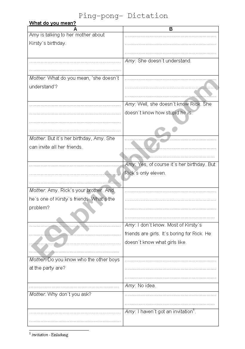 Ping-pong dictation worksheet