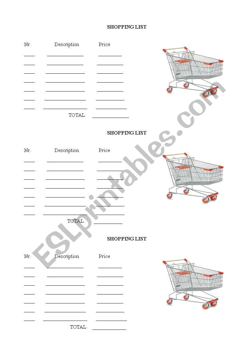 SHOPPING LIST - FOOD worksheet