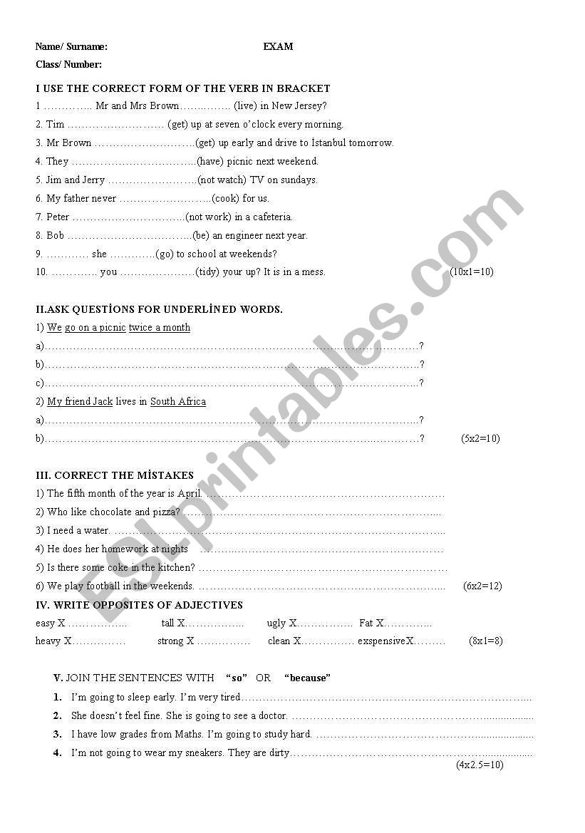 worsheet exam worksheet