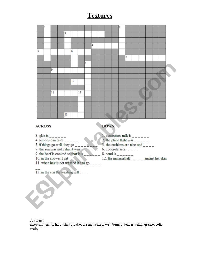 Textures - crossword worksheet