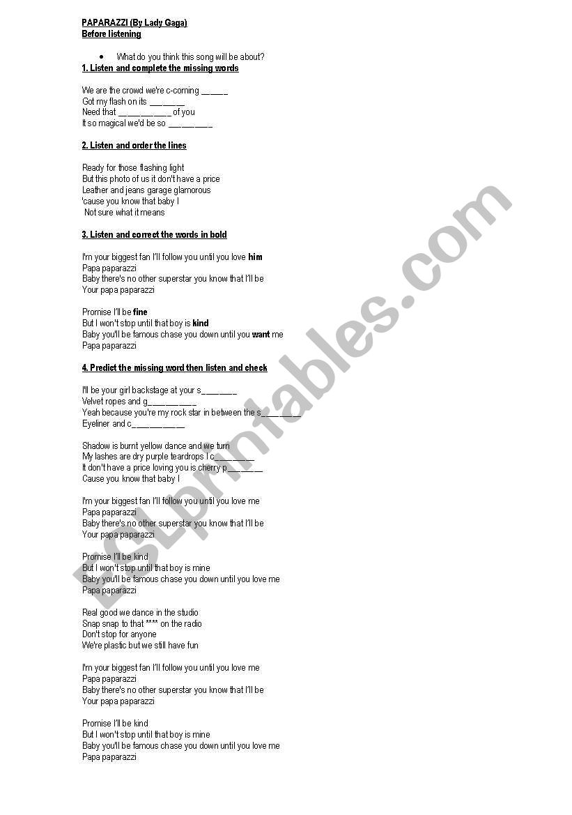 Paparazzi song worksheet