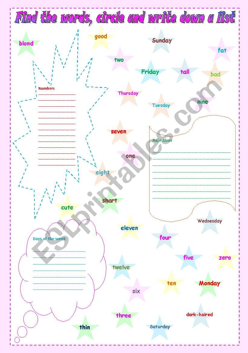 Find the word, circle and write down a list (writting and recognizing) ***fully editable