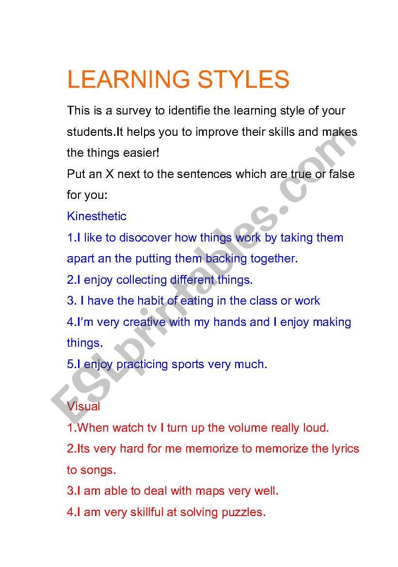 Learning Styles Exercise Worksheet