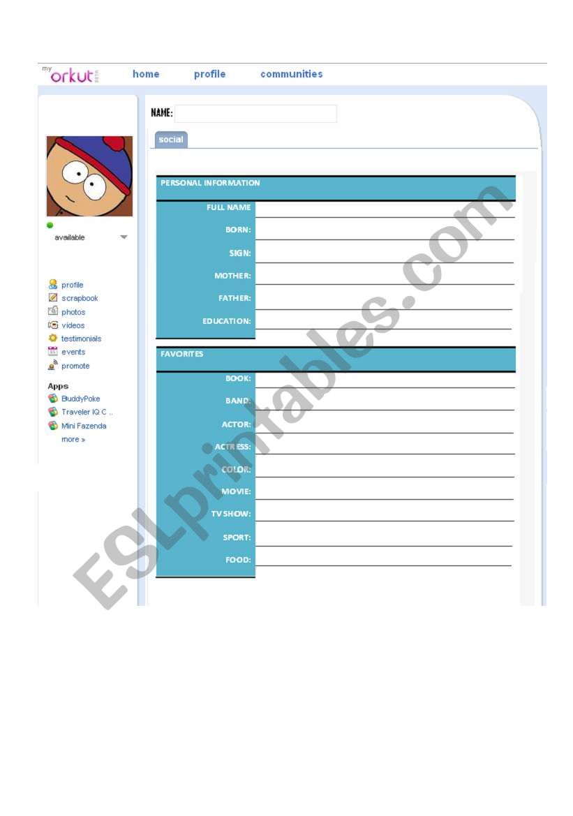 Orkut Profile worksheet