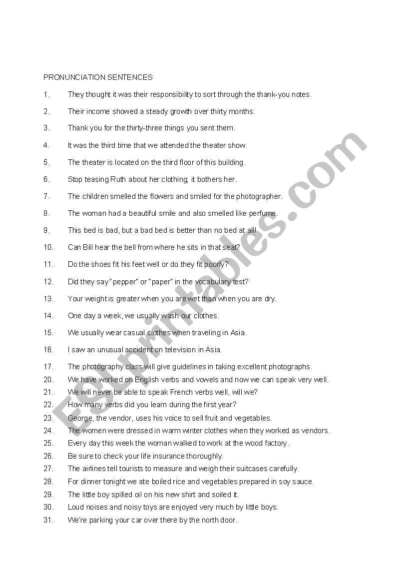 Pronunciation Sentences worksheet