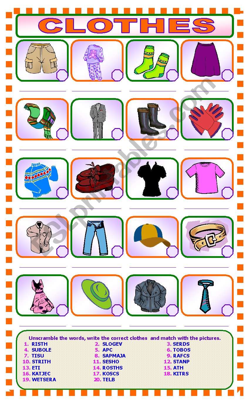 CLOTHES Unscramble and Match - ESL worksheet by CHARMED ONE