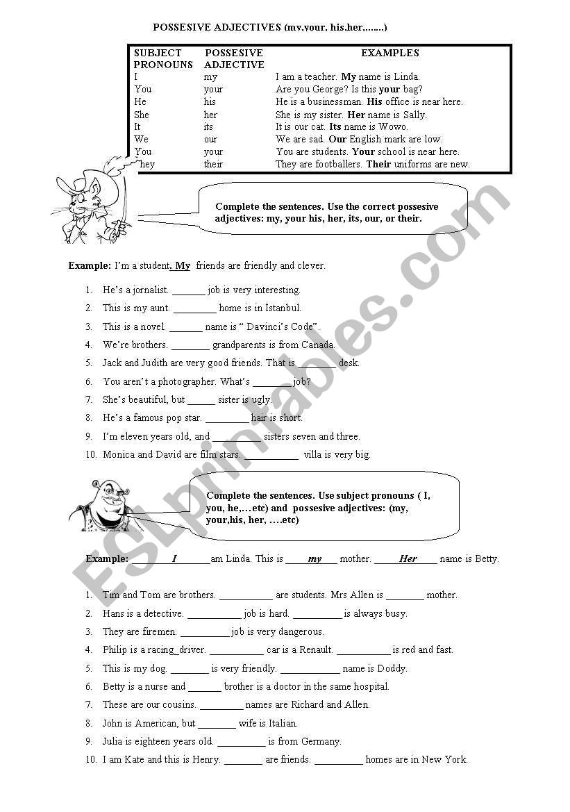 possesive adjectives worksheet