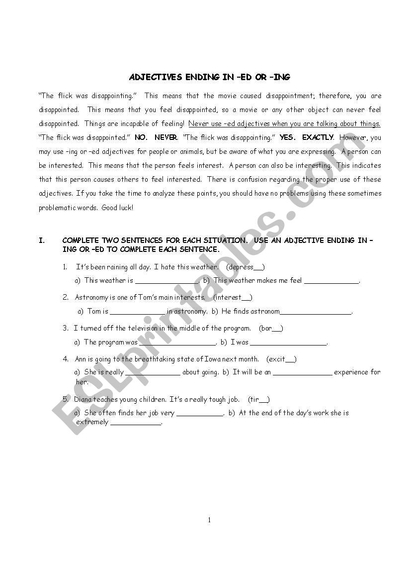 ED/ING adjectives worksheet