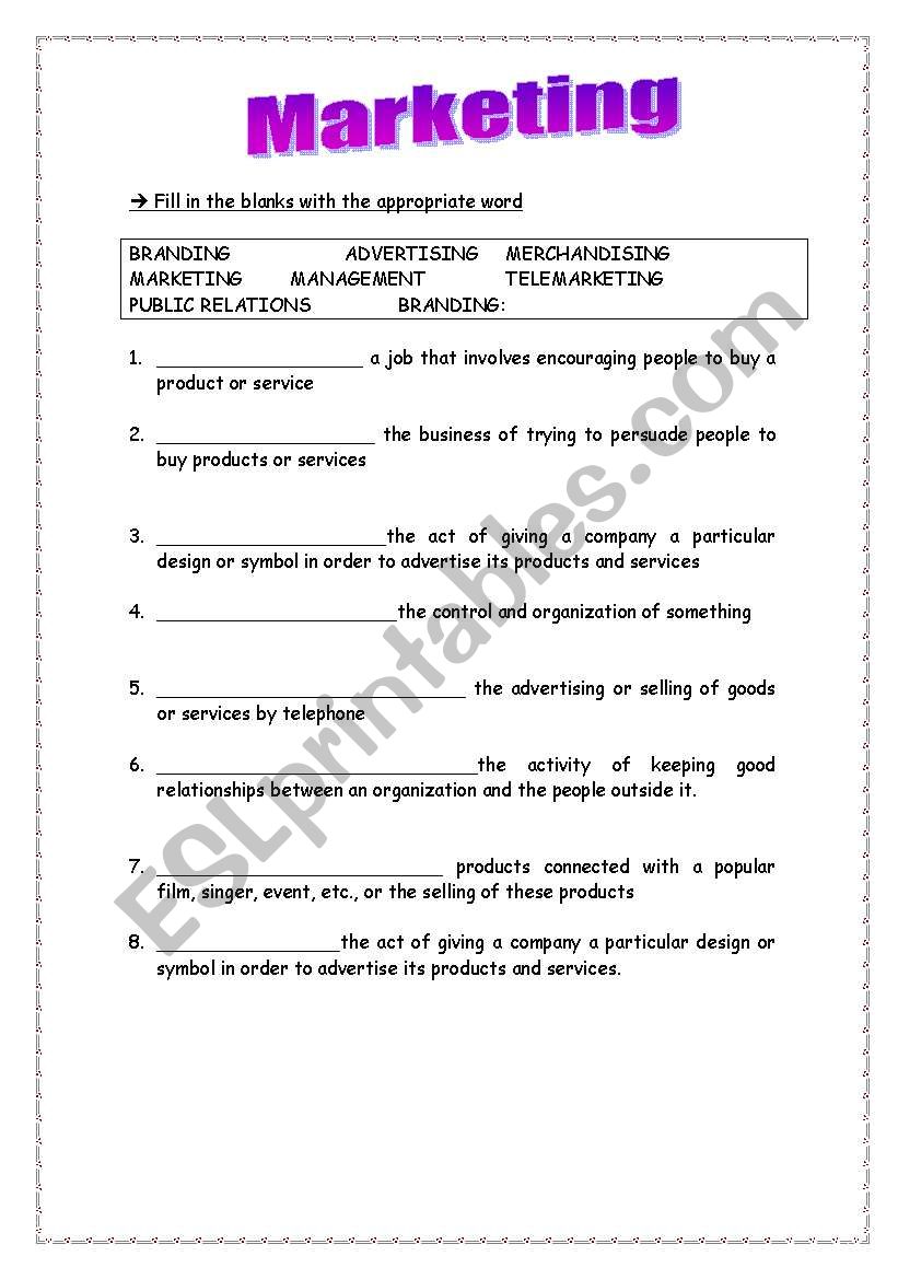 Business worksheets: MARKETING (Essential vocabulary + Answer key)