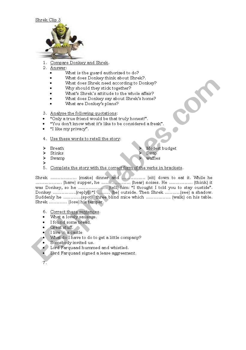 Movie Shrek 1. Clip 3 worksheet