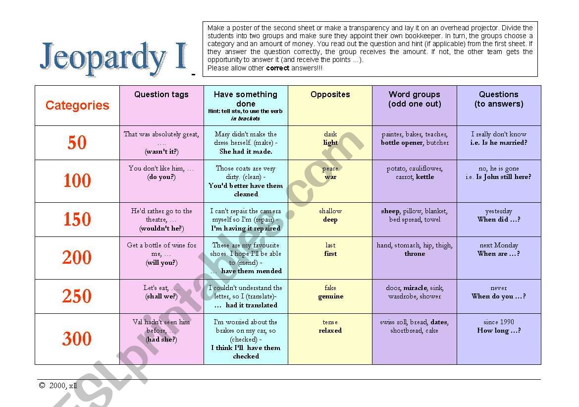 Jeopardy I - General English worksheet