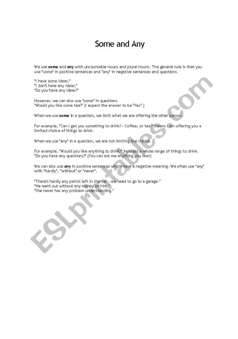 some and any worksheet