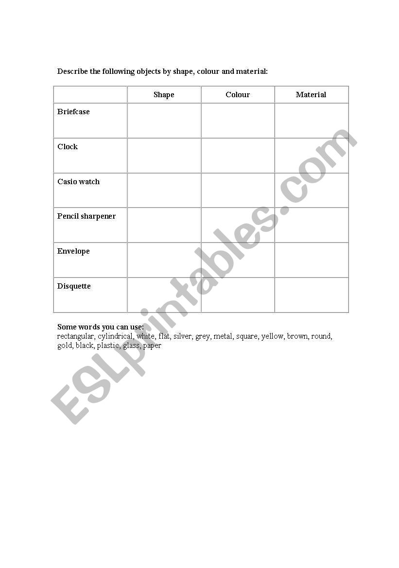 describing objects worksheet