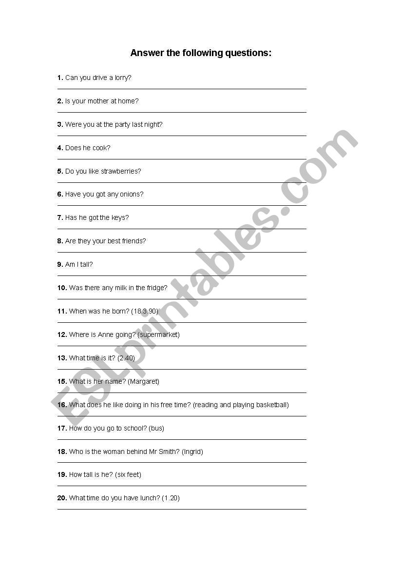 Questionnaire worksheet