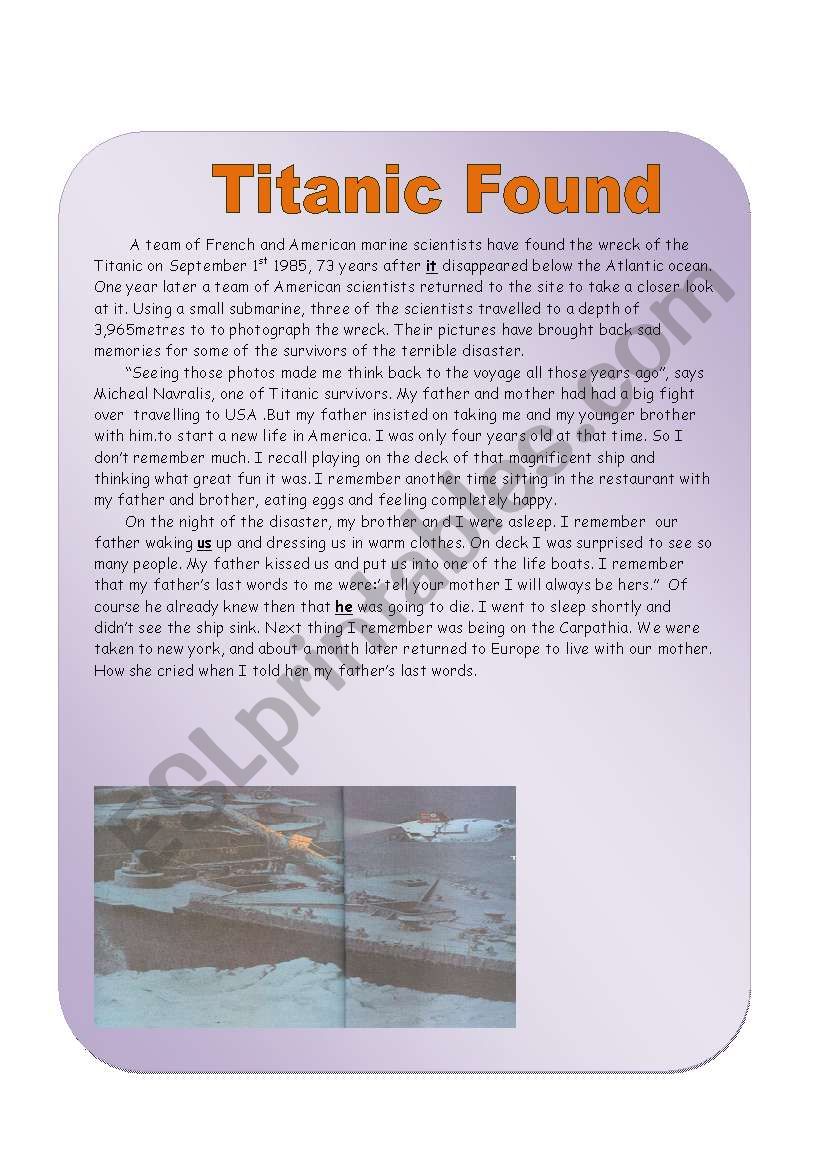 Titanic found worksheet