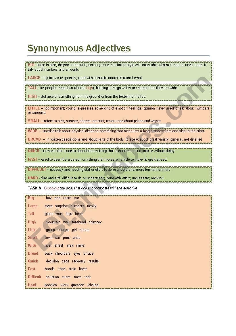 Synonymous  Adjectives worksheet