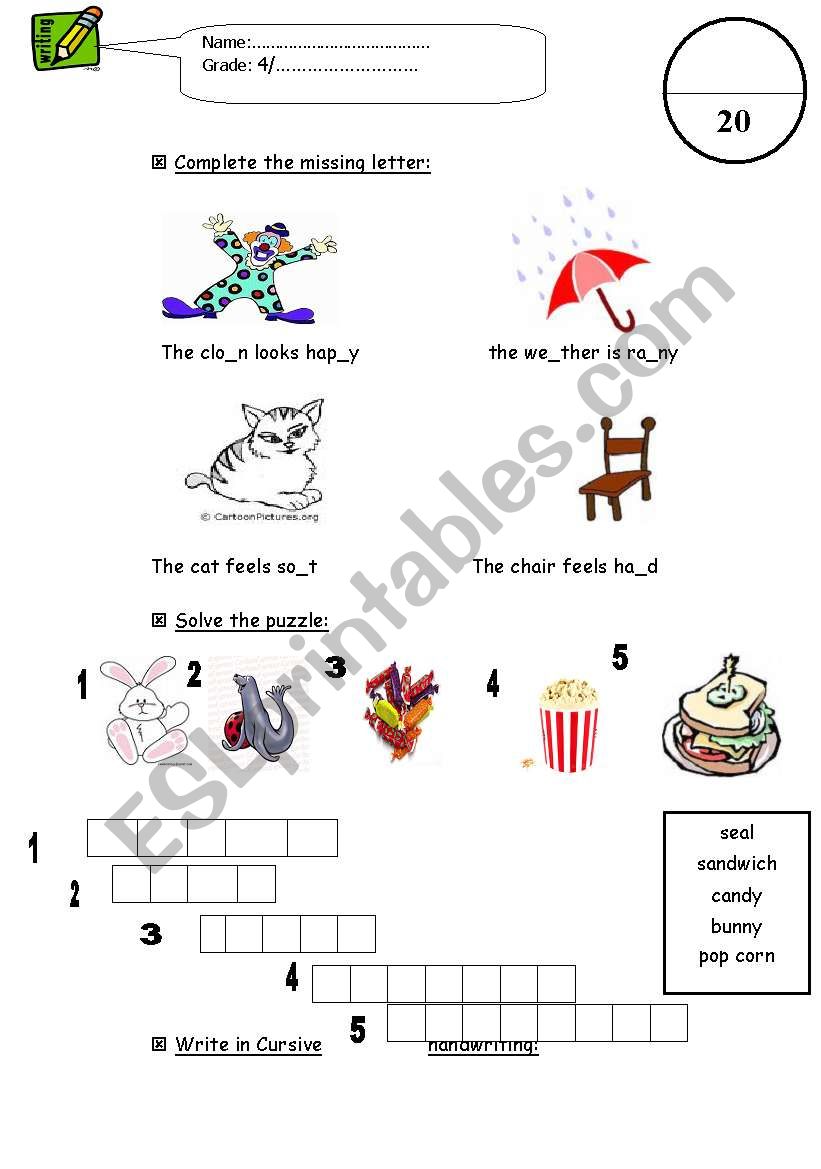 writing test for grade 4 worksheet