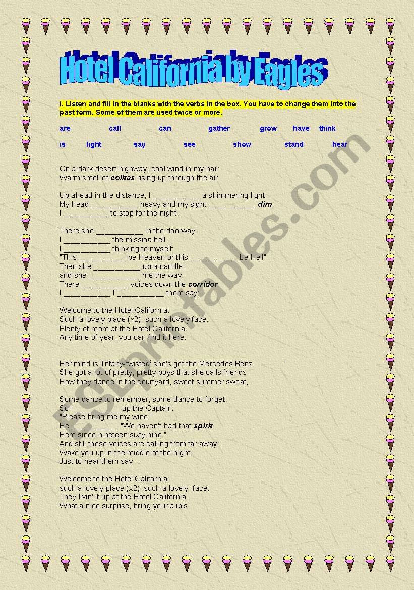 HOTEL CALIFORNIA by EAGLES worksheet