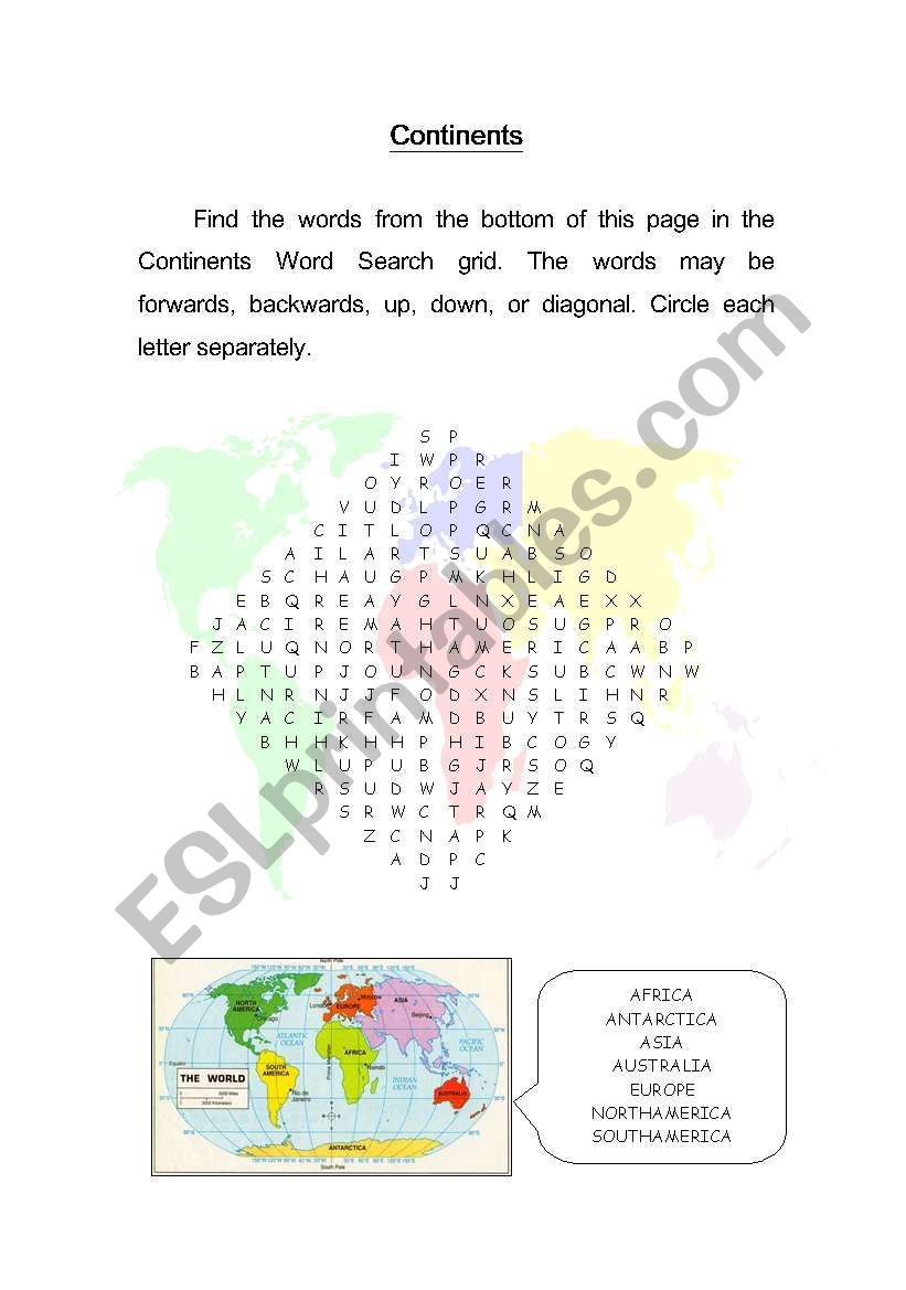 Continents worksheet