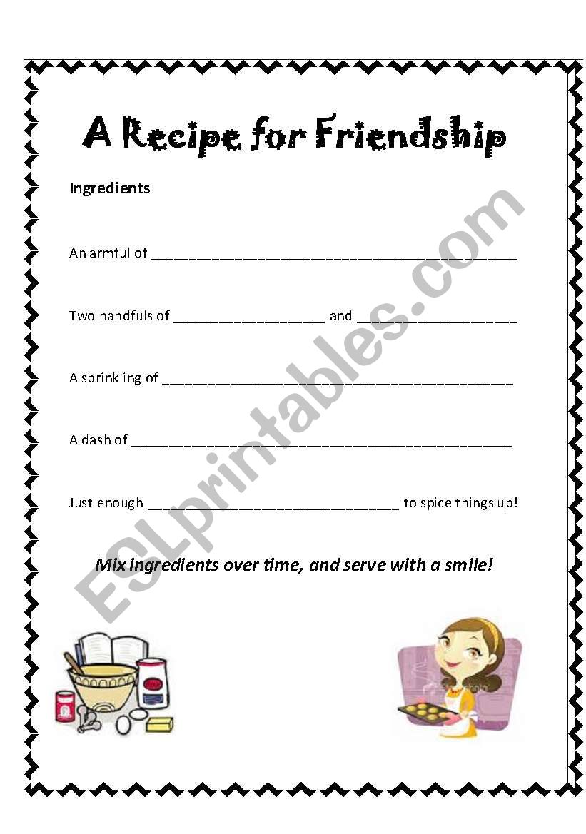 A recipe for friendship worksheet