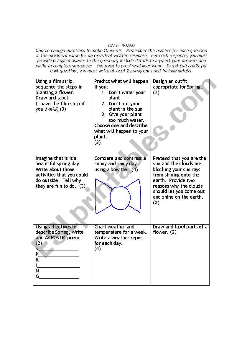 Spring Bingo Board worksheet