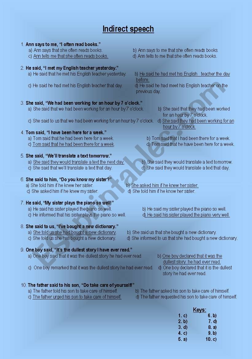 indirect speech worksheet