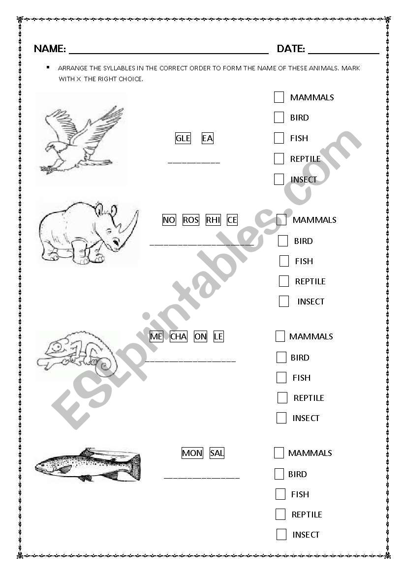 animals worksheet