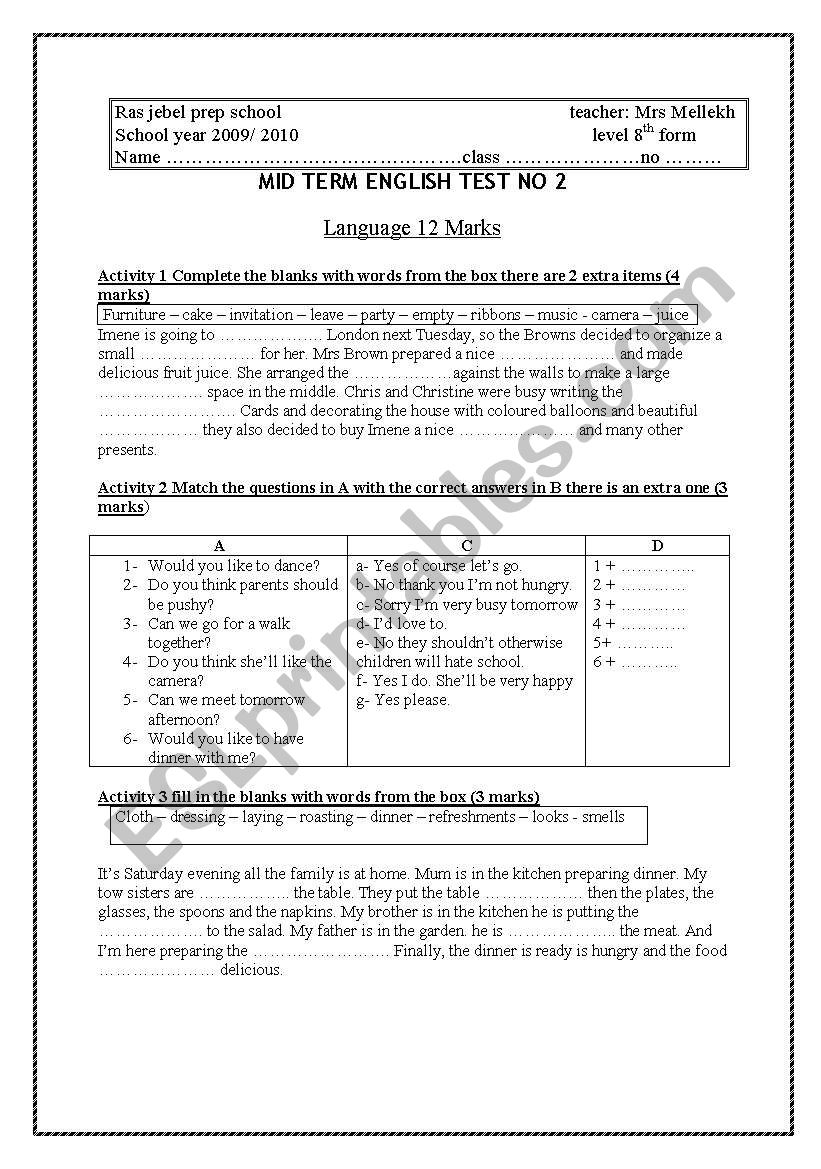 8th form test worksheet