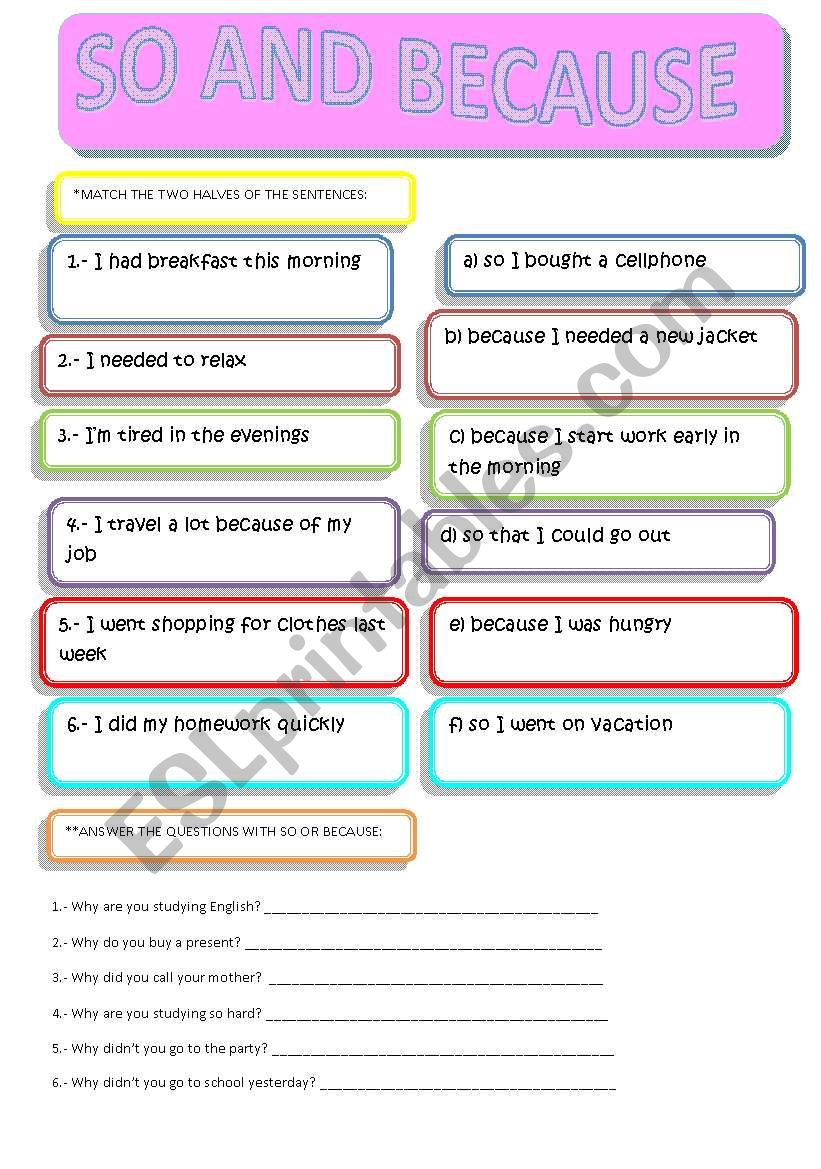 So and Because  worksheet